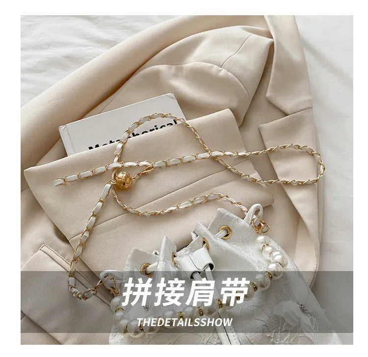 Sweet Butterfly Women Drawstring Bucket Shoulder Bags Versatile Ladies Crossbody Bag Clutch Fashion Girls Pearl Chain Handbags