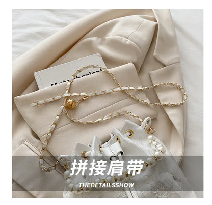 Sweet Butterfly Women Drawstring Bucket Shoulder Bags Versatile Ladies Crossbody Bag Clutch Fashion Girls Pearl Chain Handbags