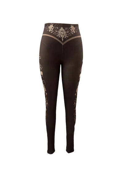 Women Mid‑Rise Fleece Lined Leggings Western Floral Print Warm Elastic Cowgirl Style Long Pants