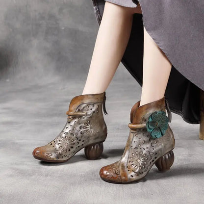 Myjyjz 6cm Genuine Leather Chunky Heels Hollow Women Shoes Ethnic Ankle Boots Zip Summer Pumps Flower Sandals (Size Runs Small）