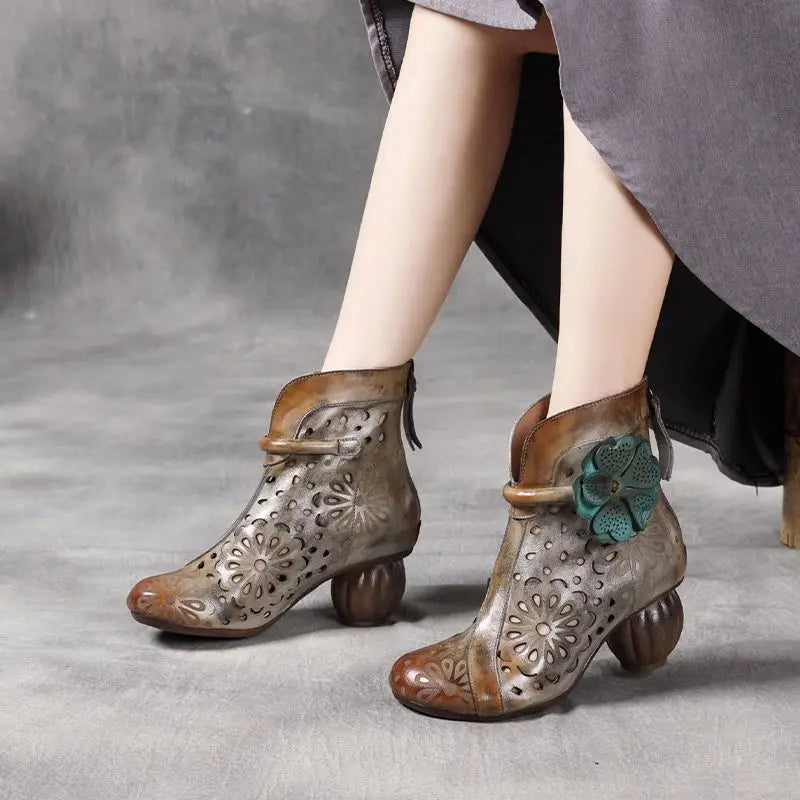 Myjyjz 6cm Genuine Leather Chunky Heels Hollow Women Shoes Ethnic Ankle Boots Zip Summer Pumps Flower Sandals (Size Runs Small）