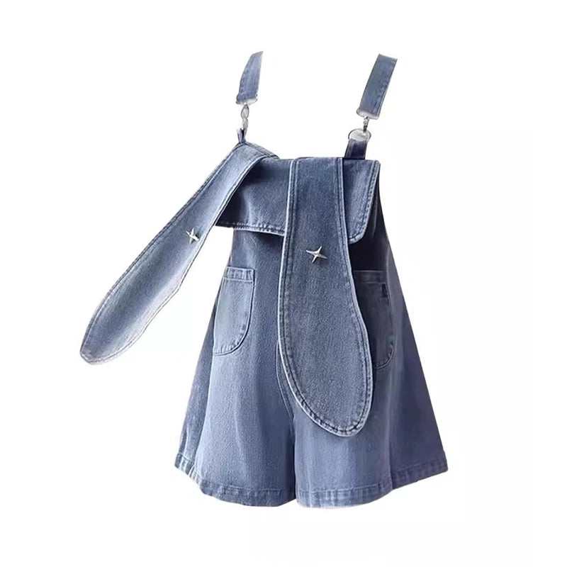 REDDACHiC Denim Blue Bunny Ears Rompers Women Star Rivets Sleeveless Wide Leg Solid Casual Overall Shorts Jumpsuit Streetwear