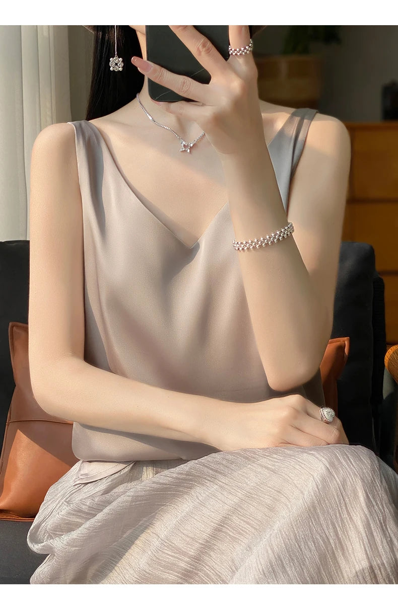 New Lce Silk Satin Camisole Women's Spring/Summer Solid Color Sleeveless Sexy Comfortable Silk Underwear Vest RW-D09