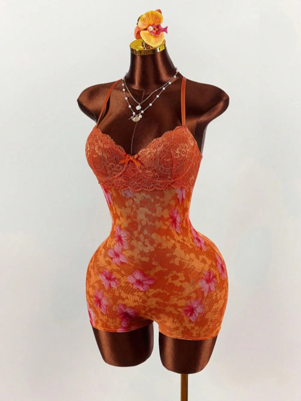 HLJ&GG Vintage Flowers Print Mesh Spaghetti Strap Bodycon One Piece Rompers Women V Neck Sleeveless Jumpsuits Fashion Overalls