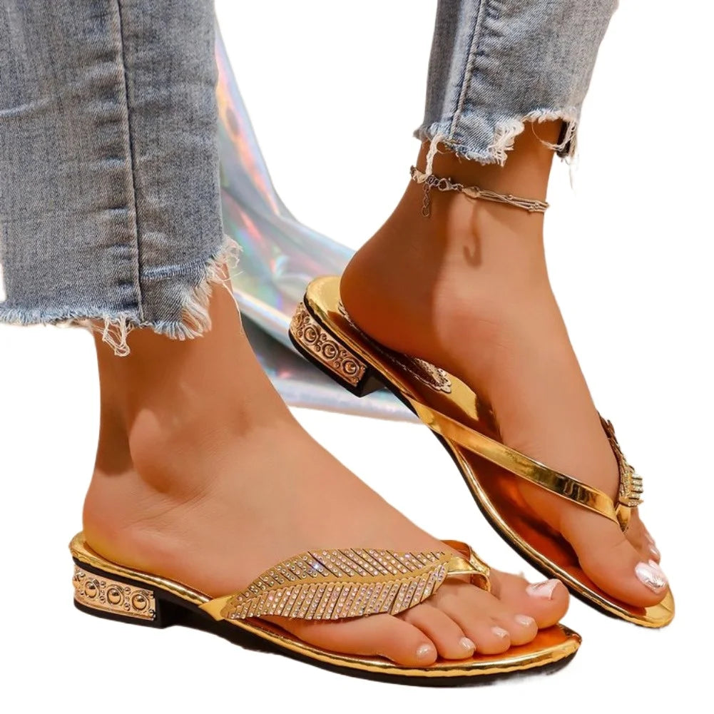 Luxury Rhinestone Leaf Flip Flops Woman Summer 2026 Gold Silver Crystal Low Heel Sandals Women Soft Bottom Lightweight Shoes 43
