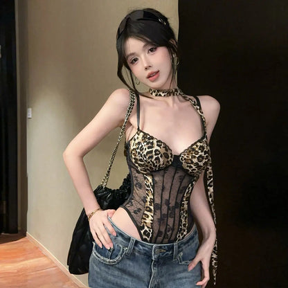 Mesh One-piece Leopard Print Suspender Vest Women's Summer American Sexy Strap Top