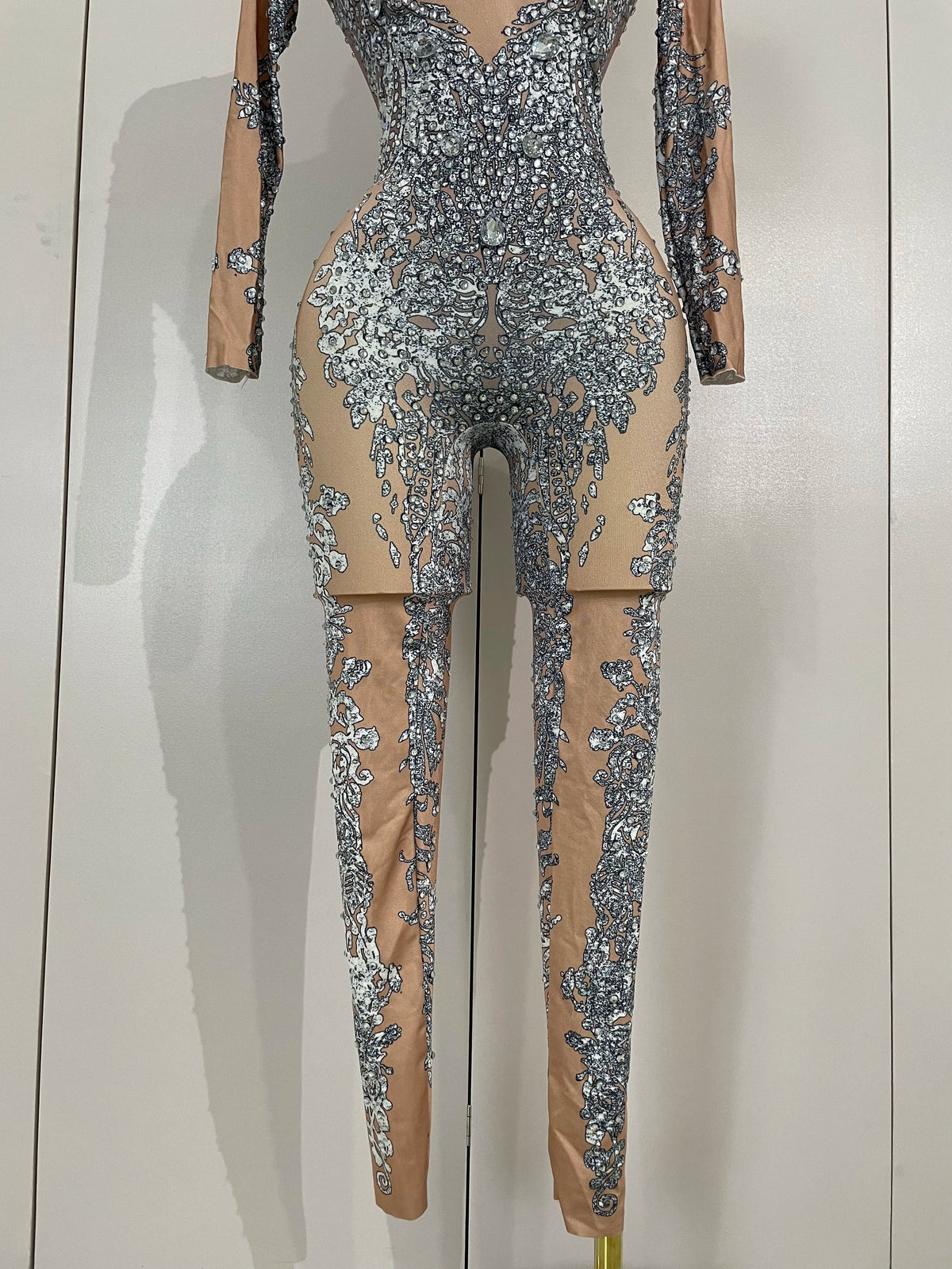 Luxury Sparkly Diamonds Print Long Sleeves Stretch Jumpsuit Evning Party Dancer Nightclub Bar DJ Sexy Stage Performance Costumes