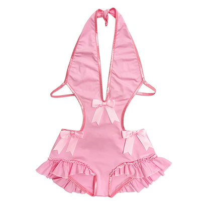 Ins Pure Desire Spicy Girl Halter One Piece Swimsuit Women Bow Hollow Deep V Sexy Summer Beach Swimwear