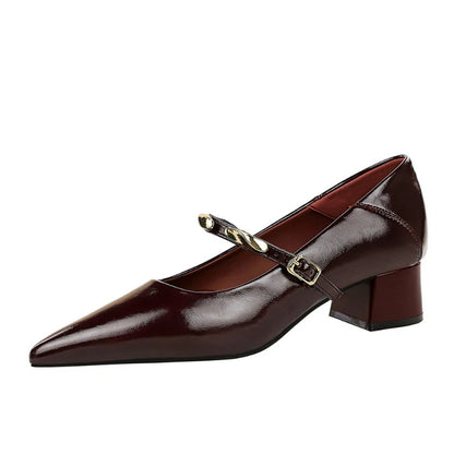 Women Korean Vintage Soft Split Cow Leather Pointed Pumps Simple Single Metal Buckle Strap Mid Chunky Heel Comfort Office Daily