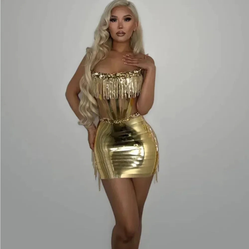 Sexy Off the Shoulder Shinning Sequins Tassel Birthday Bodycon Mini Dress Women Performance Custome Customized Gold Color