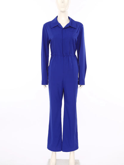 Womens Fashion Work Coverall Rompers Casual Solid Color Turn-Down Collar Long Sleeve Button Jumpsuit Travel Holiday Cargo Pants