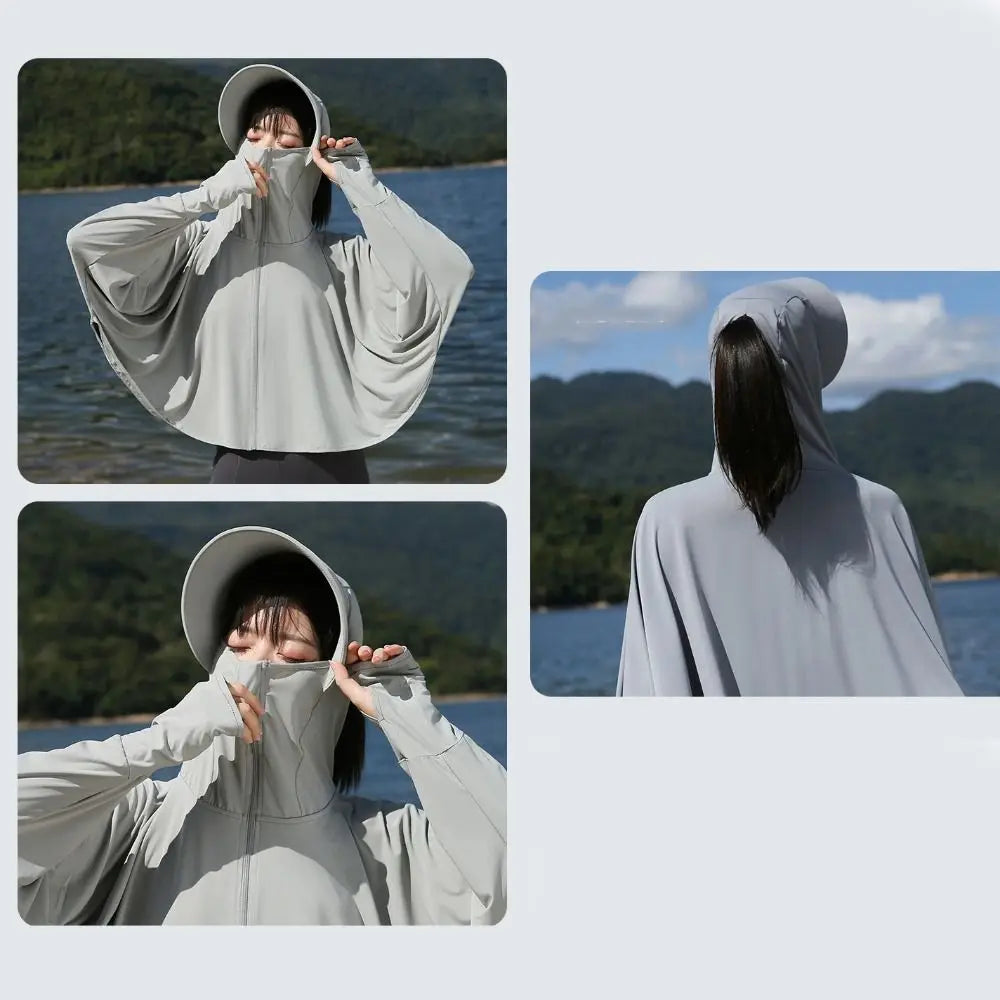 Solid Color Sunscreen Hoodie Long Sleeve Large Brim Hat Summer Sunscreen Shawl Thin Arm Sleeves Ice Silk Short Jacket Running