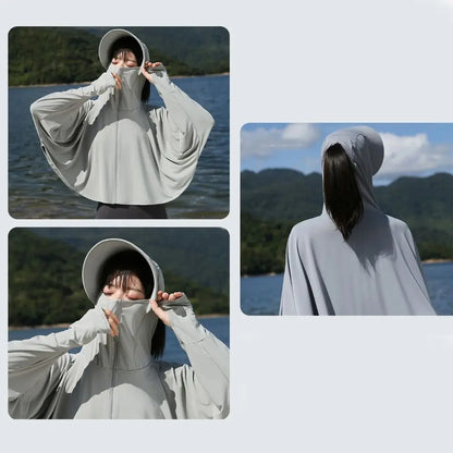 Solid Color Sunscreen Hoodie Long Sleeve Large Brim Hat Summer Sunscreen Shawl Thin Arm Sleeves Ice Silk Short Jacket Running