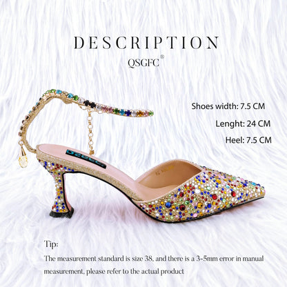 QSGFC Nigerian Popular Pointed Shoes And Bag Handle Soft Small Bag Anklet Design Mid-Heel Women's Shoes