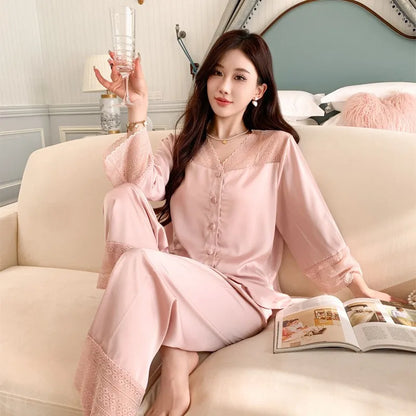 Women's Ice Silk Long-Sleeve Shirt and Full-Length Bottom Pajama Set Soft Warm Loungewear