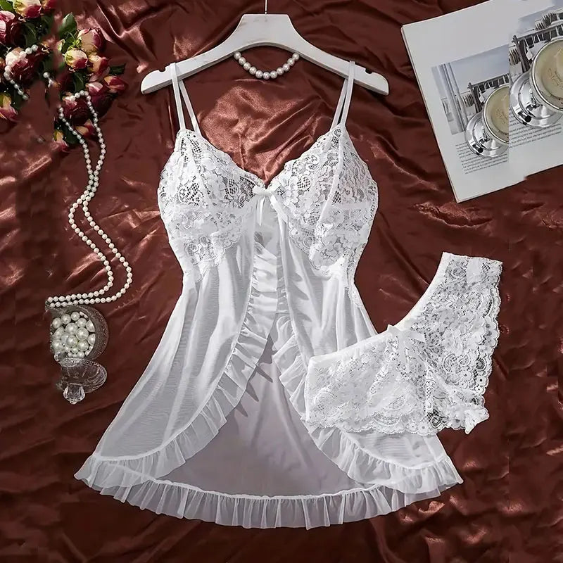 Summer Hot Sexy Sleepwear Dress Sleeveless Backless Women Lace Sheer Nightdress Solid Color Soft Pajamas Short V-neck Thong Set