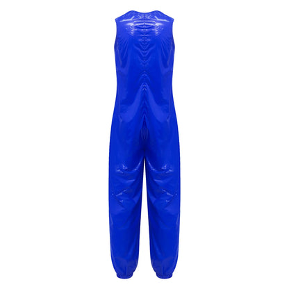 Womens Glossy Lantern Pants Overalls Jumpsuit V-neck Zipper-up Adaptive Rompers Leg Opening Waterproof Diaper Cover Bodysuit