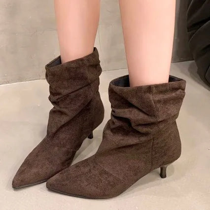Brown Retro Elegant Designer Ankle Boots Women Fashion Pleated Suede Autumn Winter Kitten Heels Party Prom Chelsea Shoes