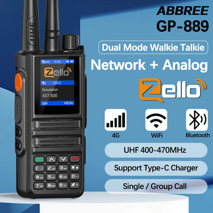 ABBREE GP-889 Analog and Network Radio Walkie Talkie Zello Global POC UHF Bluetooth WIFI 2G 4G Sim Card Android  Two Way Radio