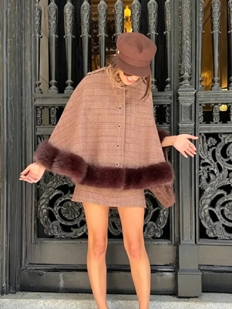 Elegant Plaid Cape Skirt 2 Piece Set Women Chic High Waist Single Breasted Faux Fur Hem Shawl Coat Suit Fall Winter Party Outfit