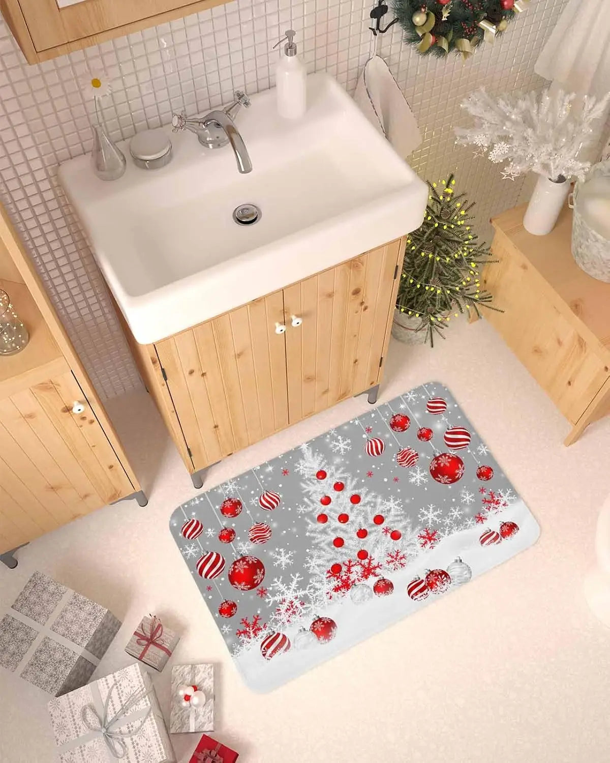 Merry Christmas Tree Snowflake Ball Navy Blue Non-slip Door Mat  Entrance Welcome Mat Balcony Hallway Rugs Christmas Decorations