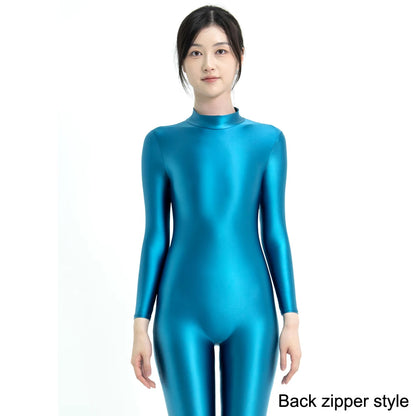 MJINM Sexy Shiny Bodysuit Tight-fitting Oil Smooth Back Zipper Overalls Yoga Zentai Suits Casual Sport Tights Catsuit Jumpsuits