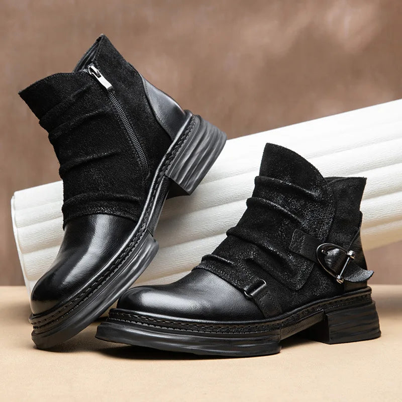 CLAIAMI Handmade Motorcycle Riding Boots Men Retro Cowhide Paratrooper Ankle Boots Platform Leather Zipper Men Shoe Botas Hombre