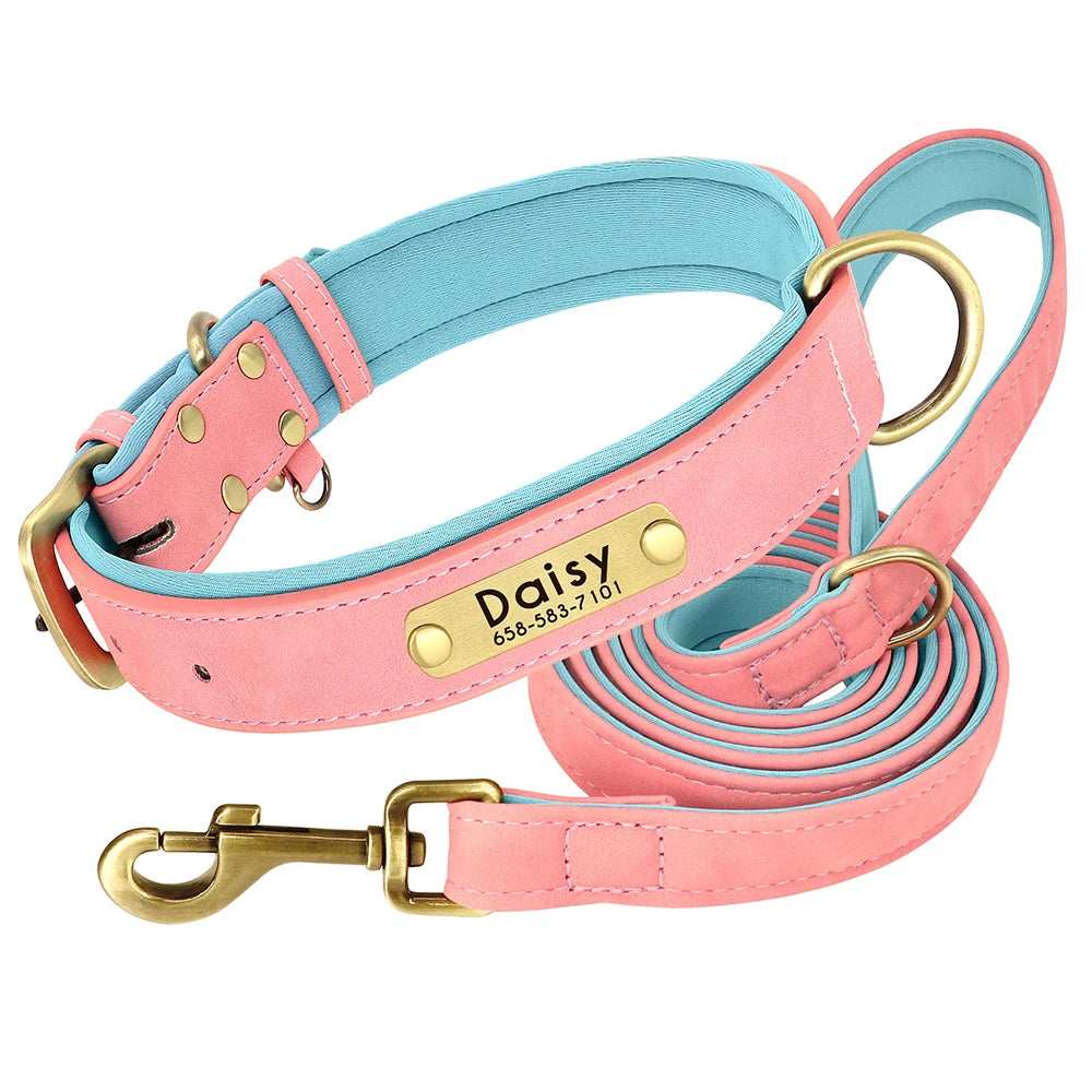 Personalized Dog Collar Leash PU Leather Dogs Collars Pet Rope Engraved Pet ID Name Necklace for Small Large Dogs Soft Padded