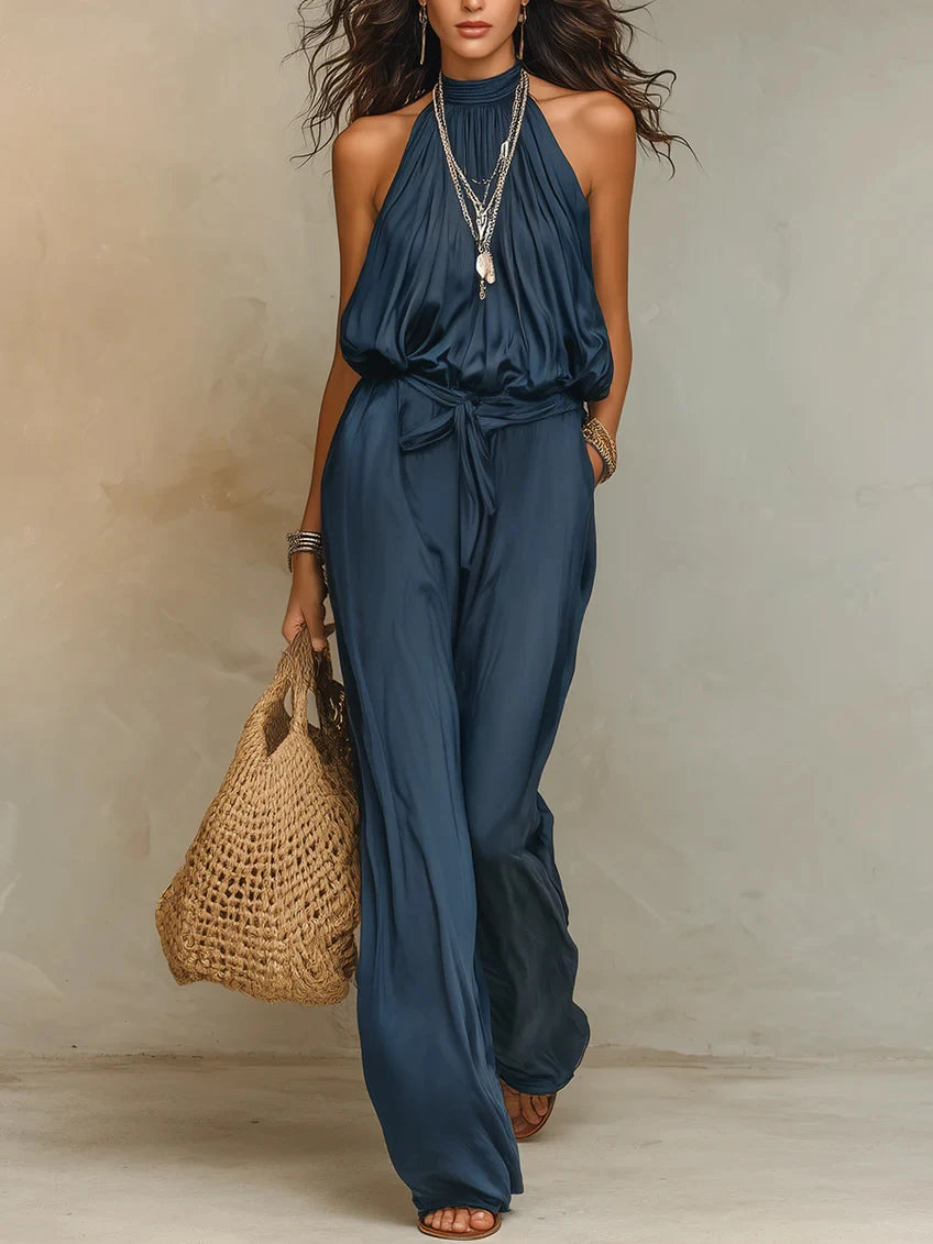 Women Halter Neck Sleeveless Jumpsuit Elastic Waist Belted Wide Leg Pants Summer Casual Loose Solid Color Romper