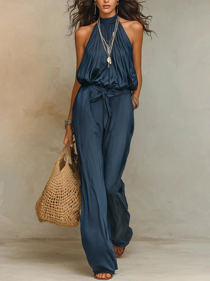 Women Halter Neck Sleeveless Jumpsuit Elastic Waist Belted Wide Leg Pants Summer Casual Loose Solid Color Romper