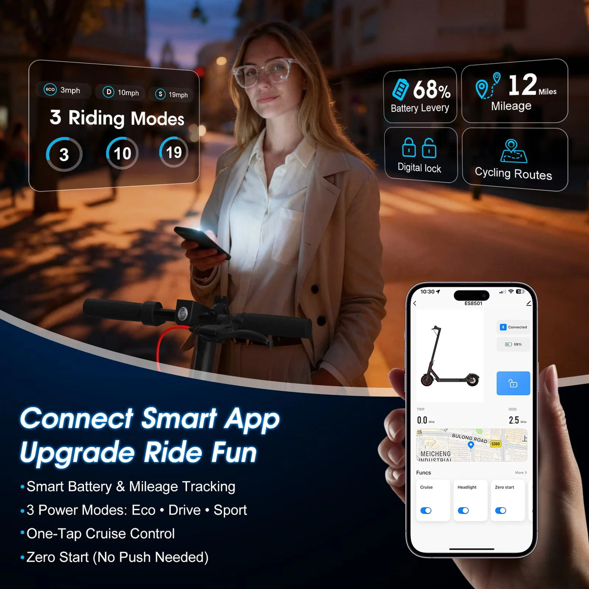 OBX 350W Motor Folding Electric Scooter For Adults 36V 5.2AH Battery Rang 8.5'' Solid Tire 18MPH 15Miles Long Range APP Control