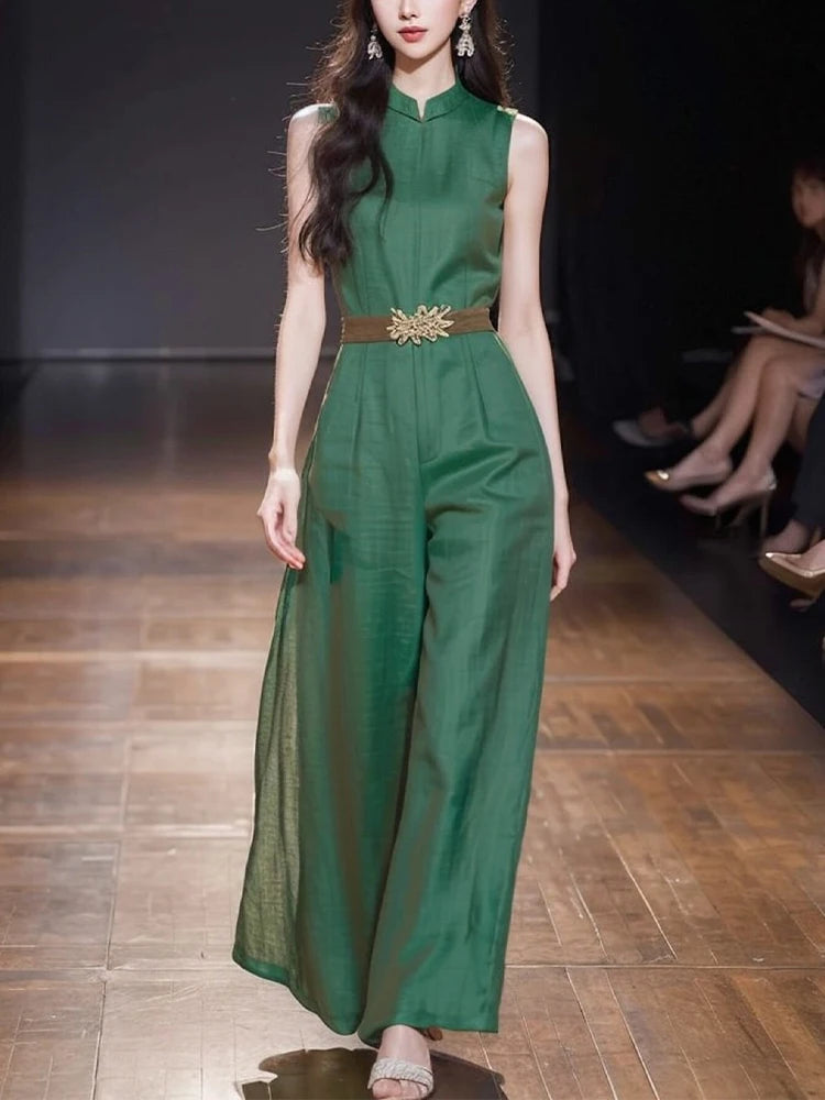 Elegant Women's O-Neck Office Ladies Romper Jumpsuit 2026 New Summer Green Sleeveless Tank High Waist Belt Wide Leg Jumpsuits