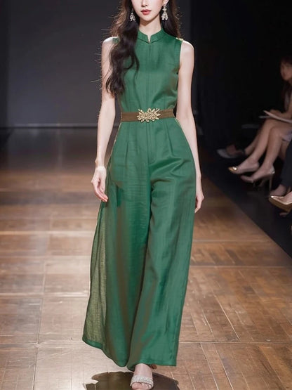 Elegant Women's O-Neck Office Ladies Romper Jumpsuit 2026 New Summer Green Sleeveless Tank High Waist Belt Wide Leg Jumpsuits