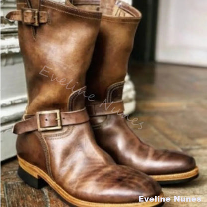 Black Vintage Leather Engineer Boots Men Round Toe Double Metal Buckle Slouchy Mid Calf Boots Low Block Heel Motorcycle Boots