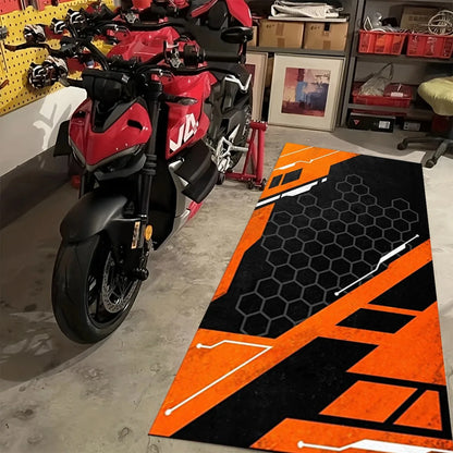 VIKAMA Black Orange Motorcycle Mat Sporty Style Biker Rug Racing Carpet Non-Slip Modern Home Decor Floor Mat for Garage