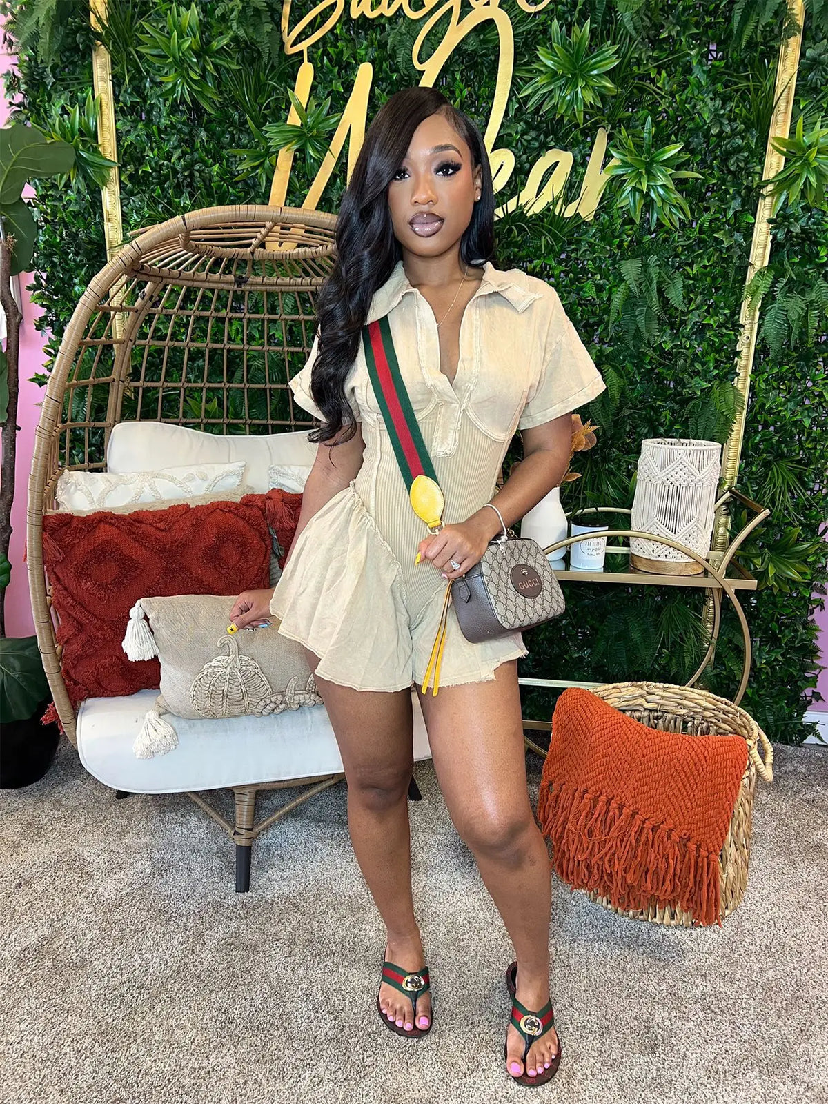 CM.YAYA Women Short Sleeve Washed V-neck Ruched High Waist Flare Short Jumpsuit Streetwear Chic One Piece Suit Romper Playsuit