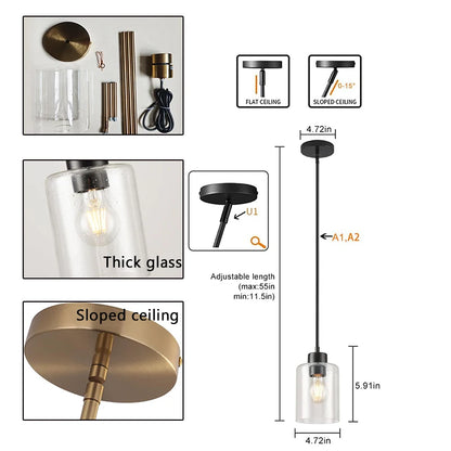 Modern Industrial Pendant Lamp Glass Hanging Adjustable Height Kitchen Dining Room Bedroom Bedside Bathroom Decor Lights