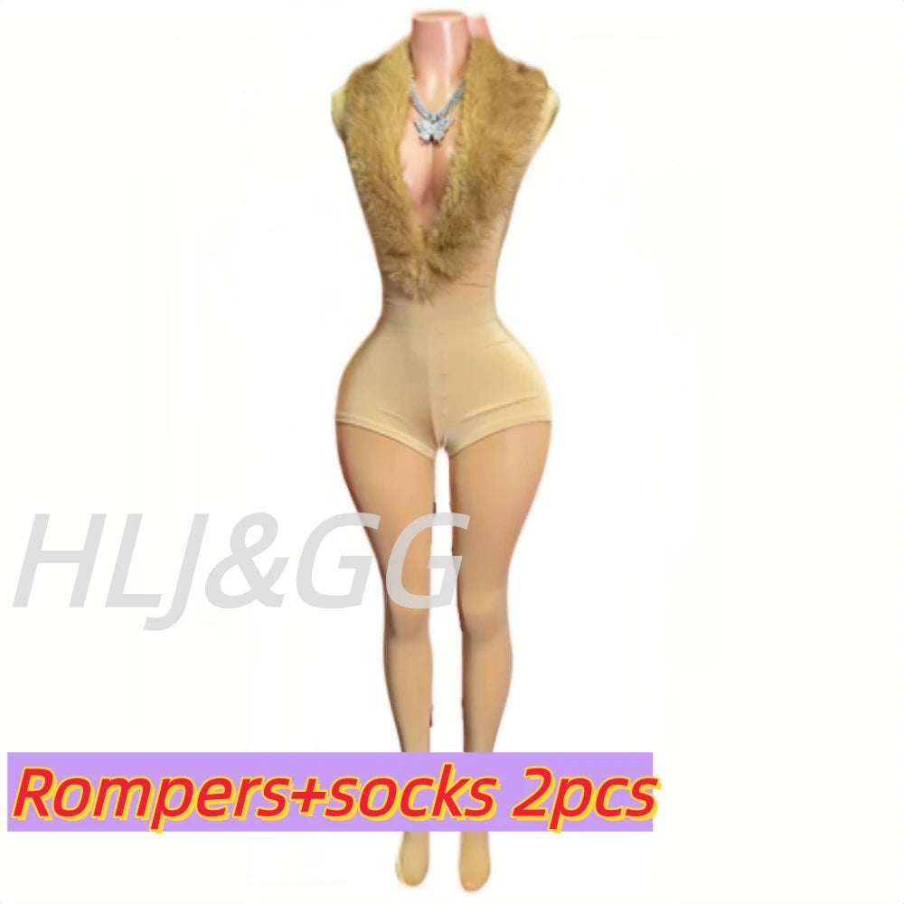 HLJ&GG Black Sexy Fur Splicing Deep V Bodycon One Piece Rompers Women Long Sleeve Slim Jumpsuits Fashion Streetwear With Belt