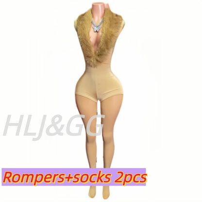 HLJ&GG Black Sexy Fur Splicing Deep V Bodycon One Piece Rompers Women Long Sleeve Slim Jumpsuits Fashion Streetwear With Belt