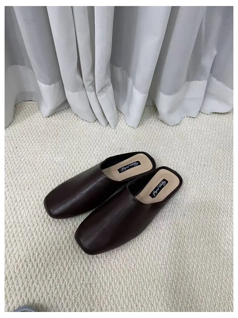 Fashion Square Toe Flat Slippers Women Casual Slip On Mule Luxury Brand Outsides Slides Elegant Pleated Ladies Shoes Sandal Flip