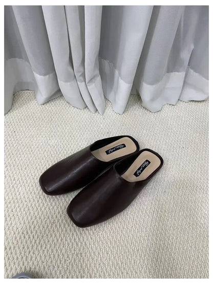 Fashion Square Toe Flat Slippers Women Casual Slip On Mule Luxury Brand Outsides Slides Elegant Pleated Ladies Shoes Sandal Flip