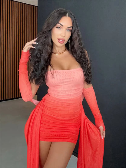 Nibber Summer Vacation Sexy See Through Dress+Shawl Women Ruched Side Ribbon Coquette Skinny Midnight Clubwear Party Bodycon