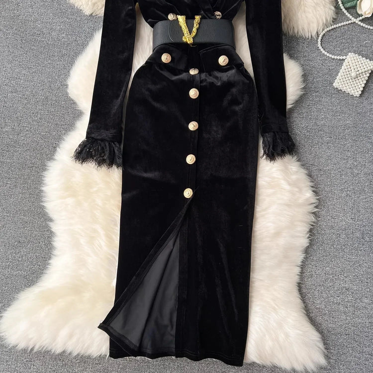 Autumn Winter Luxury Velvet Dress Women Clothing Notched Lion Metal Buttons Split Letter Belt Thick Velour Long Party Vestidos