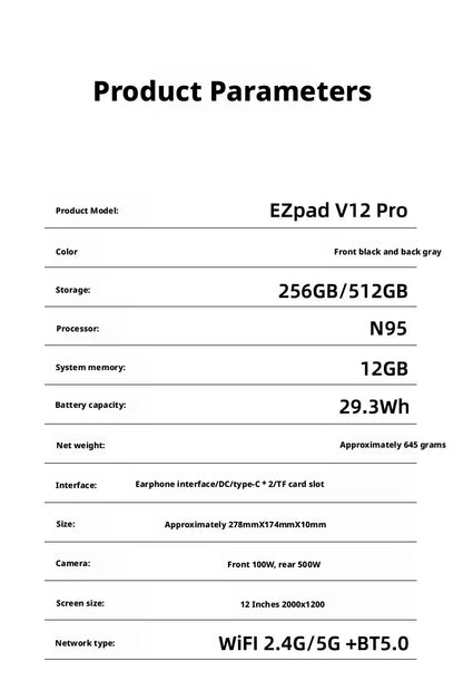 2026 New Pad v12Pro 2-in-1 Laptop Tablet 11.9" 12th Intel CPU N95 DDR5 FHD 2000*1200 16:9 3850mAh Windows 11 Mini Notebook