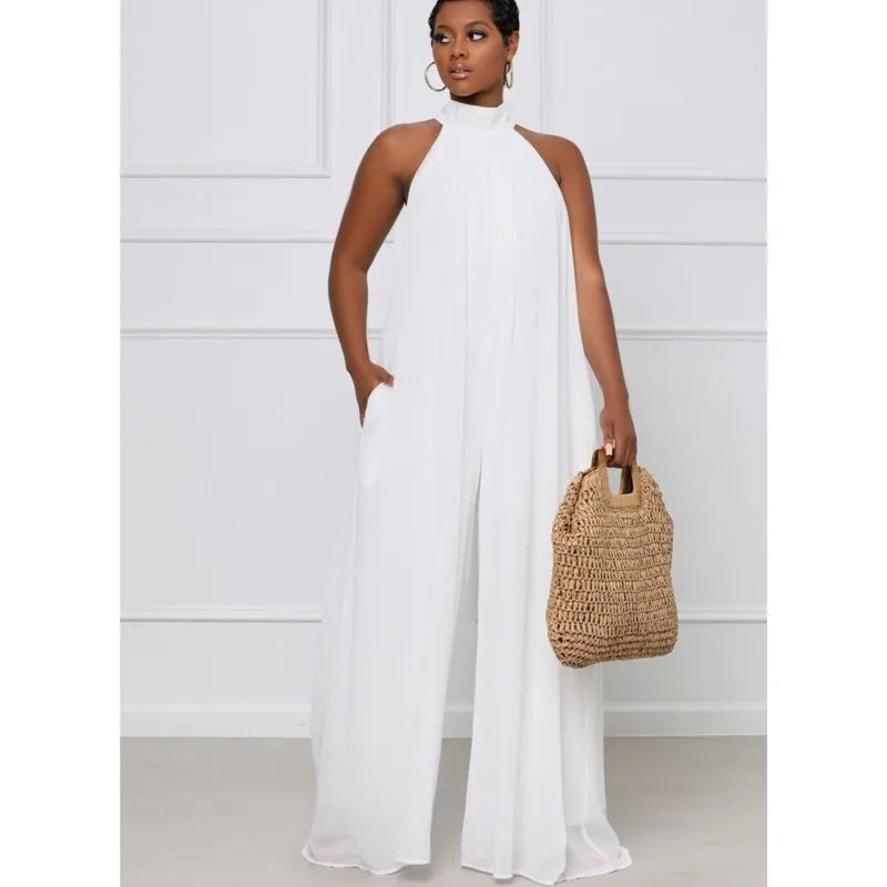 2026 New Women's Solid Chiffion Loose Halter Jumpsuits Sexy Backless Wide Leg Pants Rompers Fashion Party Elegant Women Clothing