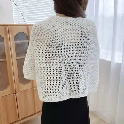 Womens Fashion Hollow Ice Silk Shawl Simple Elegant Thin Outerwear Coat Luxury Long Sleeve Smock Top