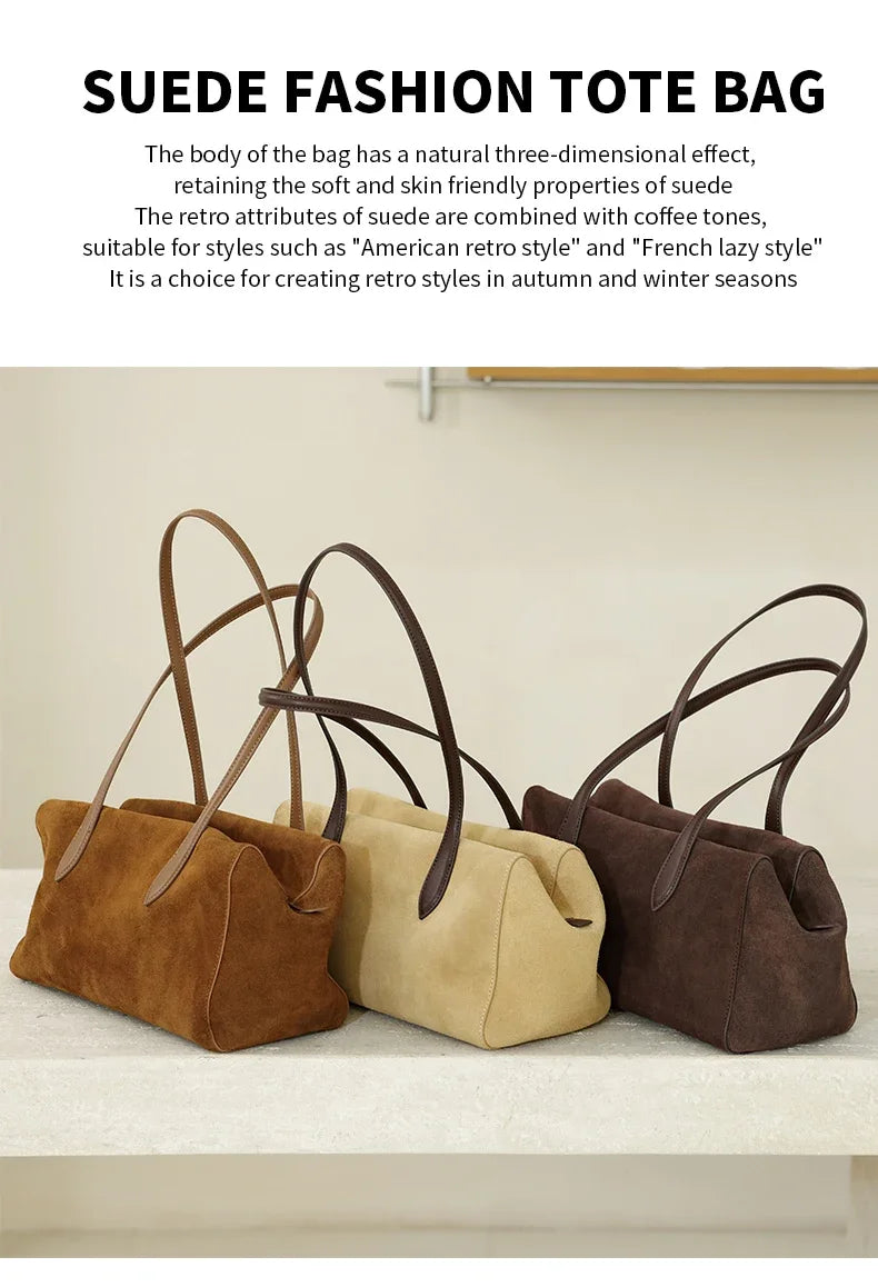 New Women's Natural Suede Leather long handle Shoulder Bag Luxury Designe Genuine Suede Leather Handbags Shopping Underarm Bag