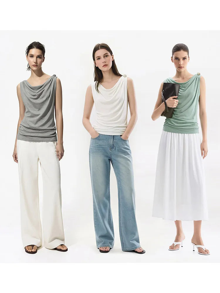 Amii Cowl Neck Women's Tank Top 2026 Summer New Stretch Knit Sleeveless Camisole Loose Casual Holiday Vest For Women 12622062