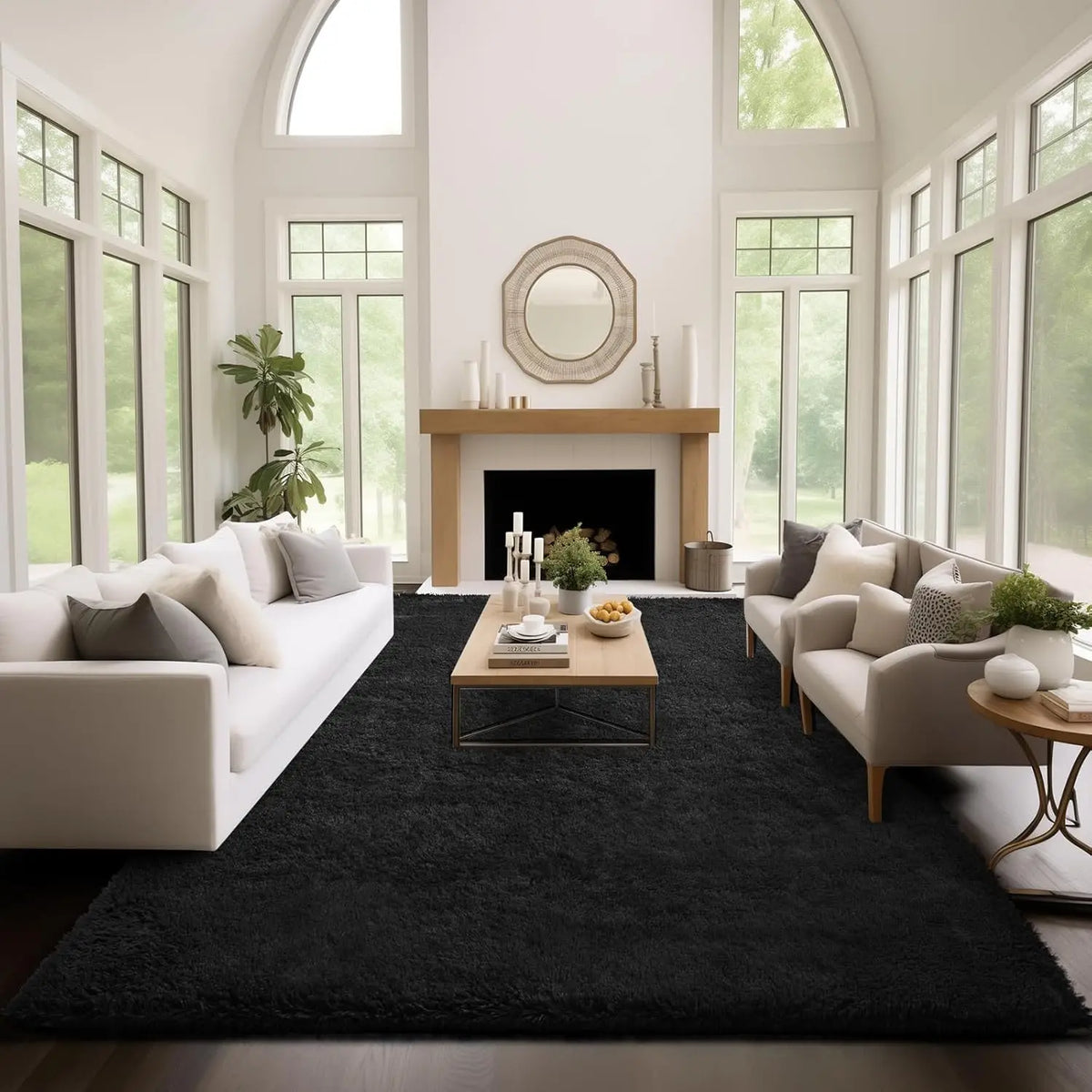 Fluffy Large Carpet for Living Room Black Non-Slip Machine Washable Plush Area Rugs for Bedroom Soft Thick Floor Mats