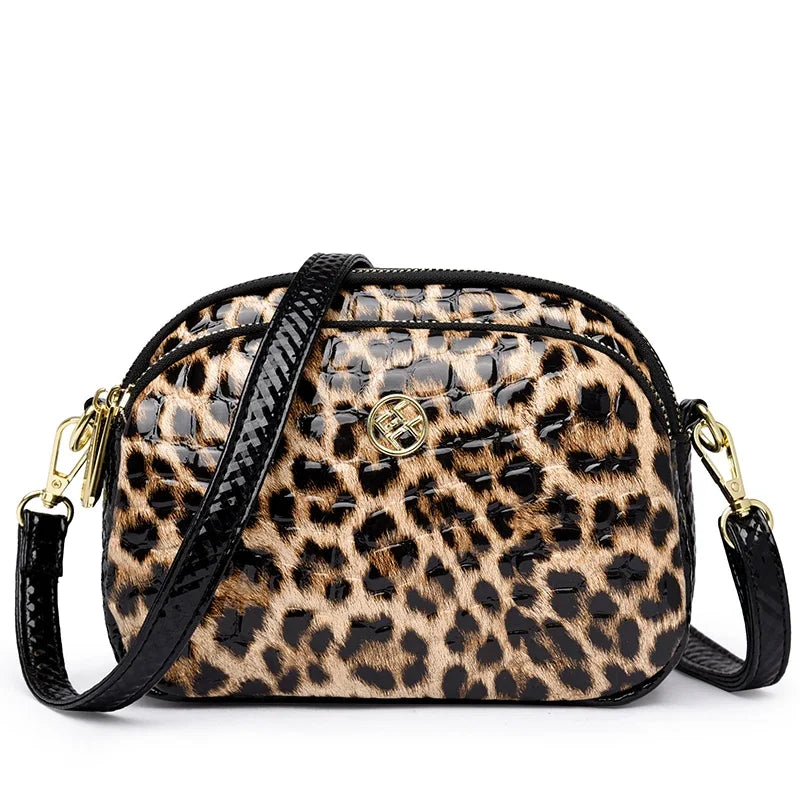 New 2025 Womens Small Messenger Bag PU Leather Shiny Shoulder Bag Fashion Saddle Bags Leopard Print Phone Purse Lipstick Storage